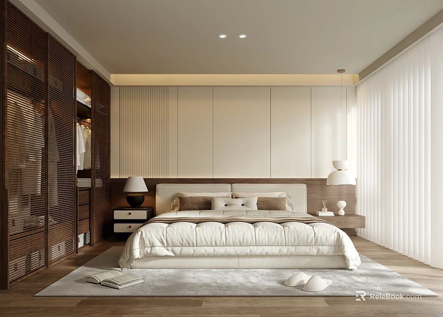 Modern Bedroom With Double Bed Light Colored Headboard Nightstands And Curtains 3d model 