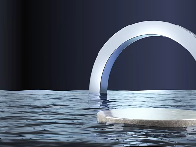 Silver Arch Sculpture Over Reflective Water With Marble Platform 3d model