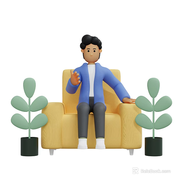 3D Animated Game Character Sitting On Yellow Armchair With Plants 3d model 