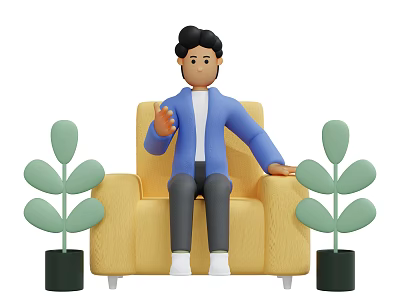 3D Animated Game Character Sitting On Yellow Armchair With Plants 3d model