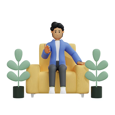 3D Animated Game Character Sitting On Yellow Armchair With Plants 3d model