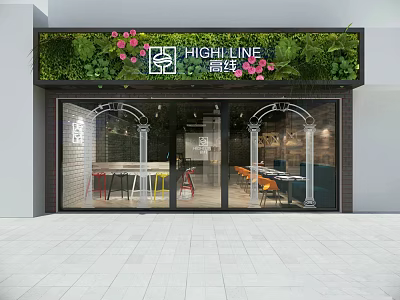 HIGHLINE Storefront With Green Plant Wall Pink Flowers And Glass Windows Design 3d model