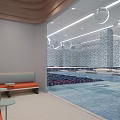 Indoor Swimming Pool Interior With Blue White Tiled Walls And Ceiling Spherical Decorations