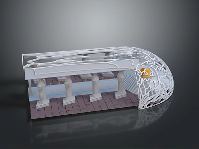 Architectural Model of Contemporary Building with Curved Roof Intricate Cut-out Design and Columns 3d model