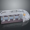 Architectural Model of Contemporary Building with Curved Roof Intricate Cut-out Design and Columns