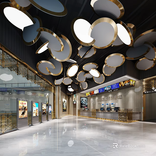 Modern Cinema Lobby Interior with Circular Gold White Ceiling Lights Ticket Counter and Movie Posters 3d model 