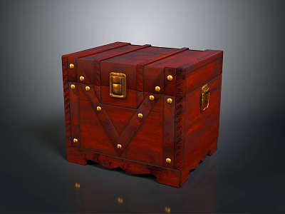 Square Red Wooden Vintage Trunk With Brass Rivets And Decorative Lock 3d model