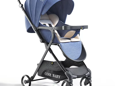 Cool Baby Blue Stroller With Canopy Armrest Comfortable Seat And Smooth Wheels 3d model