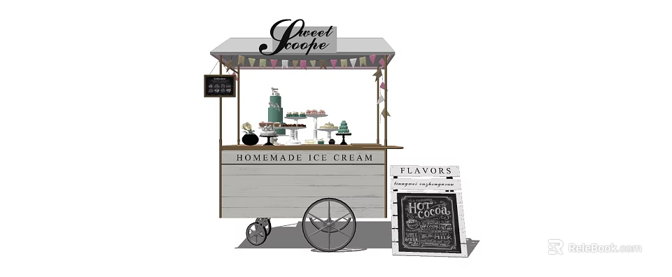 Garden Cart Style Homemade Ice Cream Stand With Sweet Scoops Sign 3d model 