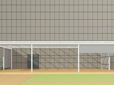 Grid Patterned Gray Wall Canopy Supported By White Pillars With Wooden Floor And Green Lawn 3d model
