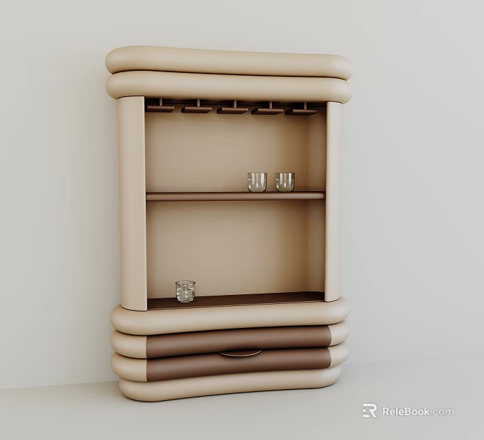Modern Leather Wine Cabinet With Layered Beige Brown Design Drawer And Wine Glass Storage 3d model 