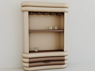 Modern Leather Wine Cabinet With Layered Beige Brown Design Drawer And Wine Glass Storage 3d model