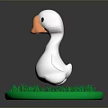 White Cartoon Duck Standing On Green Circular Grass With Orange Beak And Black Eyes