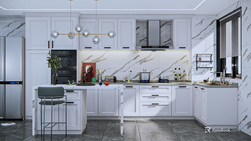 Modern White Kitchen Interior With Marble Backsplash Island Pendant Lights And Cabinets 3d model