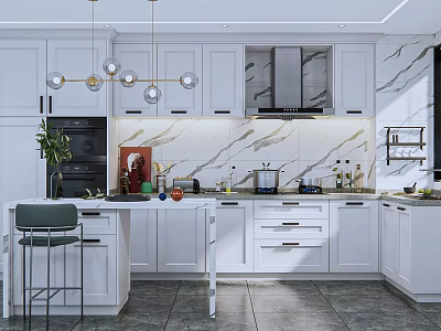 Modern White Kitchen Interior With Marble Backsplash Island Pendant Lights And Cabinets 3d model