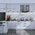 Modern White Kitchen Interior With Marble Backsplash Island Pendant Lights And Cabinets 3d model