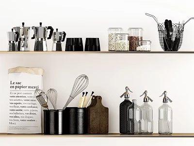 Organized Kitchen Shelves With Moka Pots Whisks Cutting Board Storage Jars And Spray Bottles 3d model