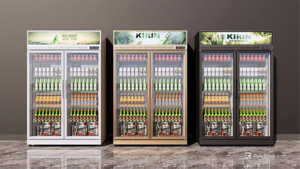 Commercial Display Refrigerators in White Black and Wood Tones Filled with Cold Drinks 3d model 