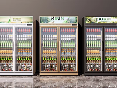 Commercial Display Refrigerators in White Black and Wood Tones Filled with Cold Drinks 3d model