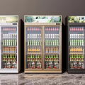 Commercial Display Refrigerators in White Black and Wood Tones Filled with Cold Drinks
