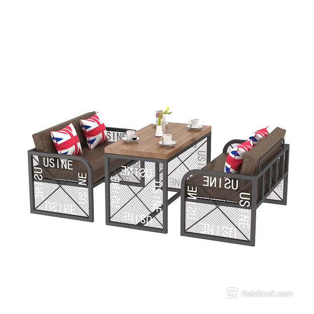 Outdoor Table with Black Metal Frame and Matching Sofas Featuring Union Jack Cushions 3d model 