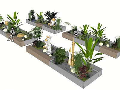 Indoor Landscape Design With Various Green Plants Decorative Sculptures And Lighting 3d model