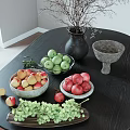 Assorted Green Apples Red Apples Pomegranates and Green Grapes in Ceramic Bowls on Dark Wooden Table