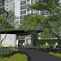 Modern Residential Landscape Design With Lush Green Trees Stone Pathway And Entryway