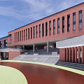 Modern Red Brick School Building Facade With Large Windows Open Green Space And Red Track