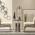 Beige Leisure Chairs With Metal Legs Round Side Table Hexagonal Wall Decor 3d model