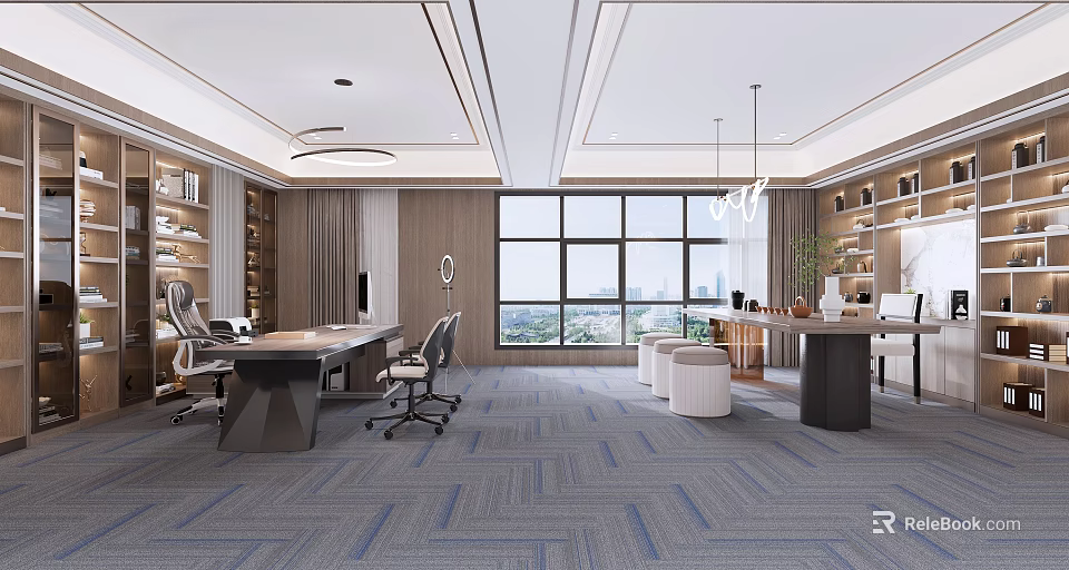 Modern Office Interior Design With Large Windows Office Desks Office Chairs And Bookshelves 3d model 