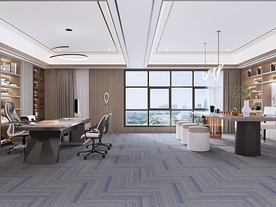 Modern Office Interior Design With Large Windows Office Desks Office Chairs And Bookshelves 3d model