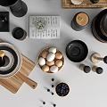 Stylish Kitchenware Collection Featuring Wooden Cutting Boards Black Coffee Tools Bowls Eggs And Spice Jars