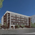 Multi Story School Building With Red Brick White Exterior Large Windows Trees And Parking Area