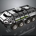 Modern Military Vehicle With Six Wheel Drive Roof Mounted Equipment And Green Stripes