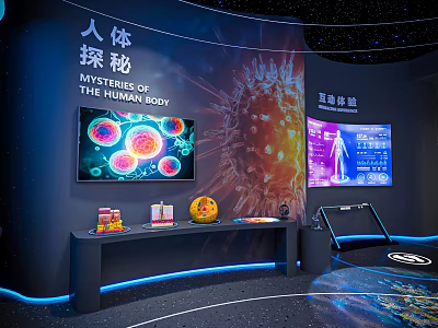 Medical Exhibition Hall Showcasing Human Body Mysteries Interactive Experience Large Screen Cells Viruses And Models 3d model
