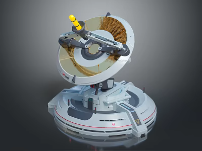 Sci-fi Weapon With Rotating Golden Disk And Yellow Tip On White Base 3d model