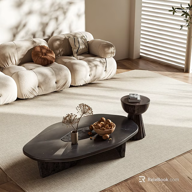 Modern Living Room Black Coffee Table With Dried Flower Vase Nuts Bowl And Beige Sofa 3d model 