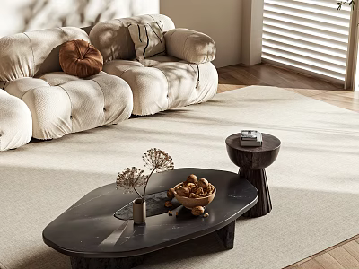 Modern Living Room Black Coffee Table With Dried Flower Vase Nuts Bowl And Beige Sofa 3d model