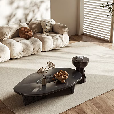 Modern Living Room Black Coffee Table With Dried Flower Vase Nuts Bowl And Beige Sofa 3d model