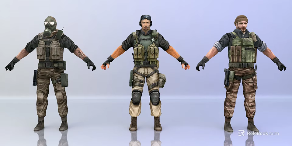 Group of Three Tactical Characters in Military Gear with Vest and Knee Pads 3d model 