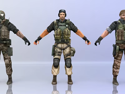 Group of Three Tactical Characters in Military Gear with Vest and Knee Pads 3d model