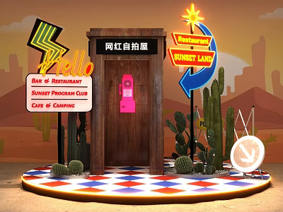 Eye Catching Selfie Booth In Desert Theme With Neon Signs And Cacti 3d model