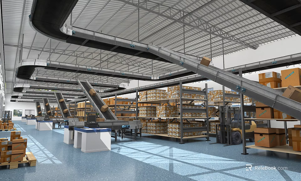 Warehouse Interior Logistics Scene With Conveyor Belts Stacked Boxes Metal Shelves And Forklift 3d model 