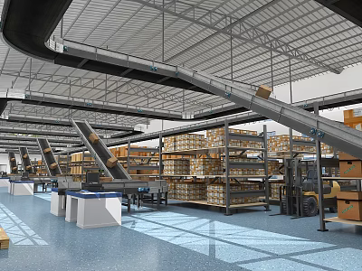 Warehouse Interior Logistics Scene With Conveyor Belts Stacked Boxes Metal Shelves And Forklift 3d model