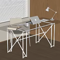 Modern Transparent Glass Desk With Metal Frame Laptop Table Lamp Wooden Cabinets And Window Blinds