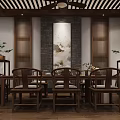 Traditional Chinese Teahouse Interior With Bamboo Partitions Round Wooden Table Chairs Bookshelves And Hanging Lamps