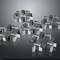 Silver And White Cubes In Stacked Arrangement With Small Blue Squares On Surface