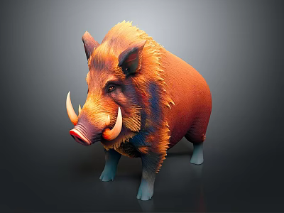 Realistic Wild Boar With Orange Red Fur And White Tusks Standing On Dark Background 3d model