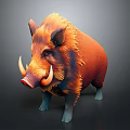 Realistic Wild Boar With Orange Red Fur And White Tusks Standing On Dark Background